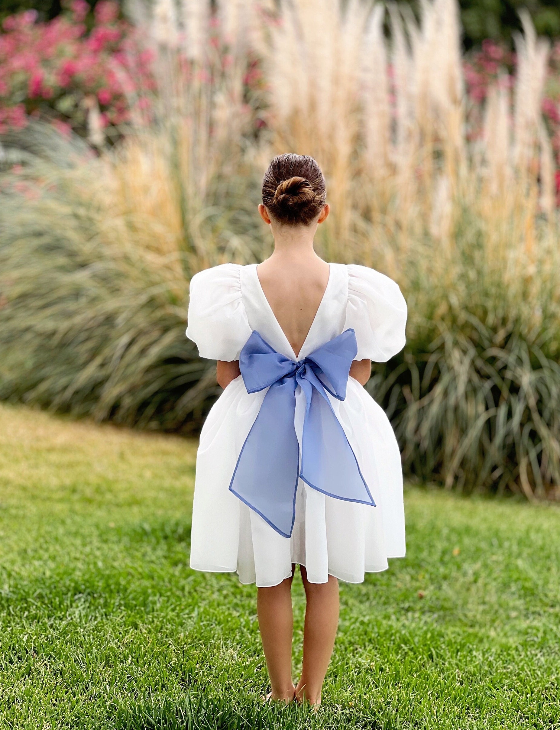 white dress with blue bow A-line White Flower Girl Dress with Navy Blue Ribbon FancyVestido