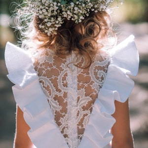 Dusty blue and white linen flower girl dress in boho White