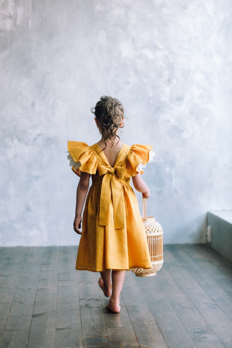 Mustard linen dress for girl with flutter sleeve, Girls linen pinafore dress, Toddler linen dress image 1