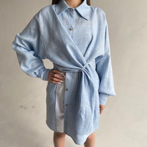 Women linen shirt with long sleeves, Women linen blouse, Linen wrap shirt, Linen shirt dress image 3