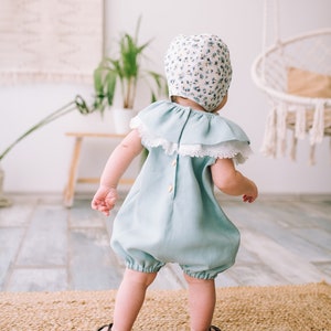 Baby girl linen romper, Baby shower gift ideas, Baby girl bubble romper, Boho baby romper, Birthday romper, Linen clothes, Photoshoot outfit image 4