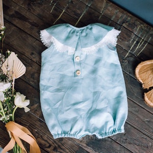 Baby girl linen romper, Baby shower gift ideas, Baby girl bubble romper, Boho baby romper, Birthday romper, Linen clothes, Photoshoot outfit image 8