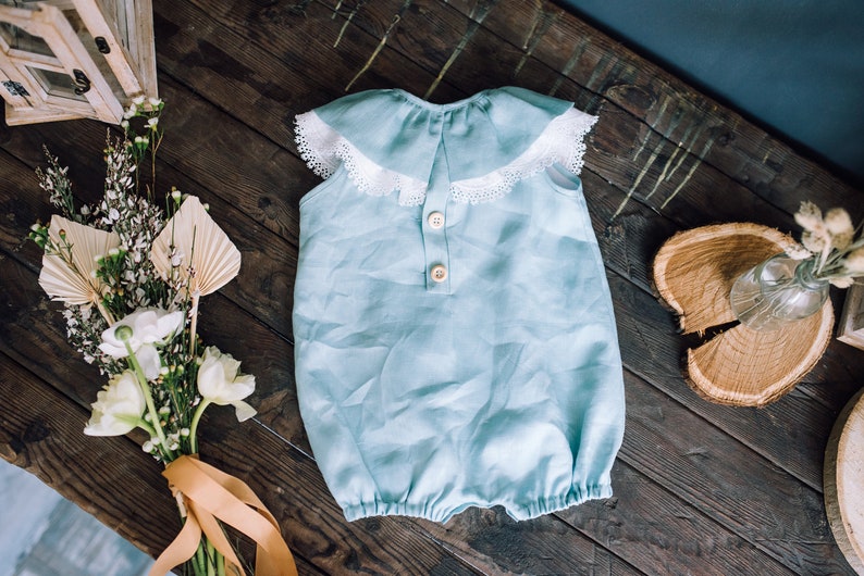 Baby girl linen romper, Baby shower gift ideas, Baby girl bubble romper, Boho baby romper, Birthday romper, Linen clothes, Photoshoot outfit image 8