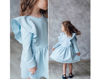 Long sleeve dress girl, Fall dress toddler, Blue dress baby girl, Winter dress baby girl, organic baby dress, school dress