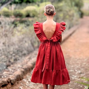 Rust linen flower girl dress with bow, Boho flower girl dress, Burnt orange flower girl dress
