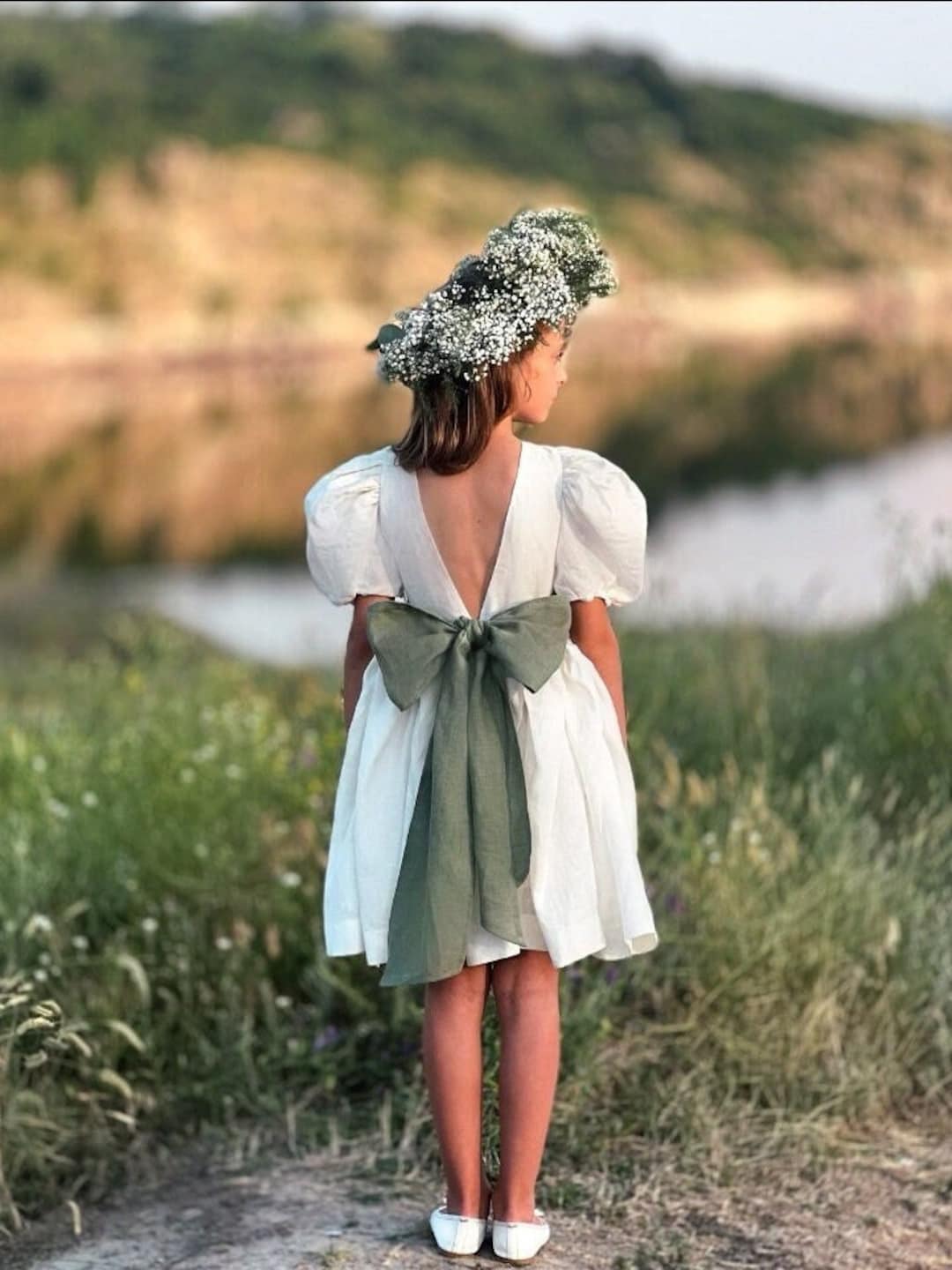 Ivory Linen Flower Girl Dress: Sage Green Sash, Boho Puffy Sleeve