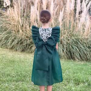 Forest green flower girl dress bow, Boho flower girl dress toddler, Bohemian flower girl dress, First birthday dress