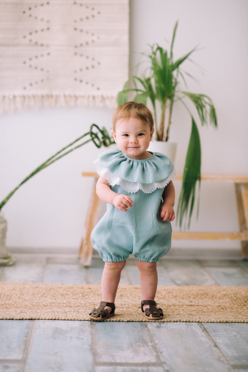 Baby girl linen romper, Baby shower gift ideas, Baby girl bubble romper, Boho baby romper, Birthday romper, Linen clothes, Photoshoot outfit Blue - green