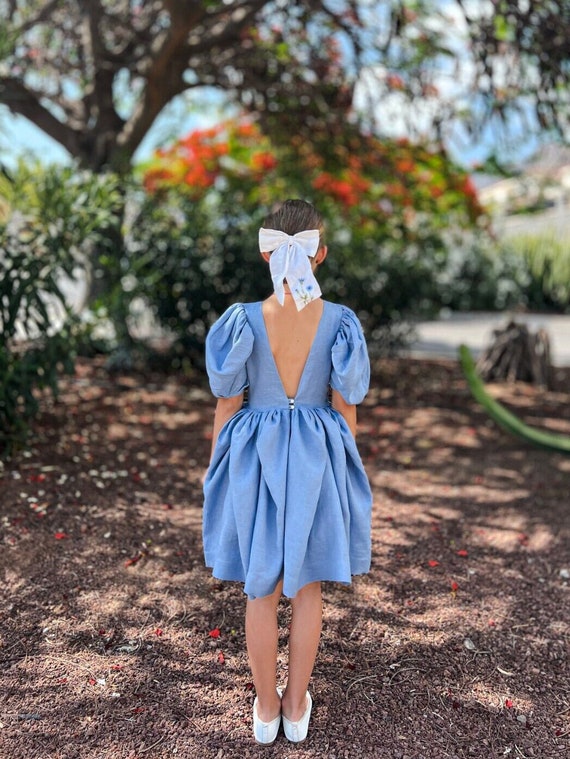 Dusty Blue Linen Flower Girl Dress: Boho Puffy Sleeves - Etsy Canada