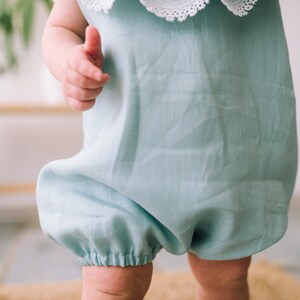 Baby girl linen romper, Baby shower gift ideas, Baby girl bubble romper, Boho baby romper, Birthday romper, Linen clothes, Photoshoot outfit image 9