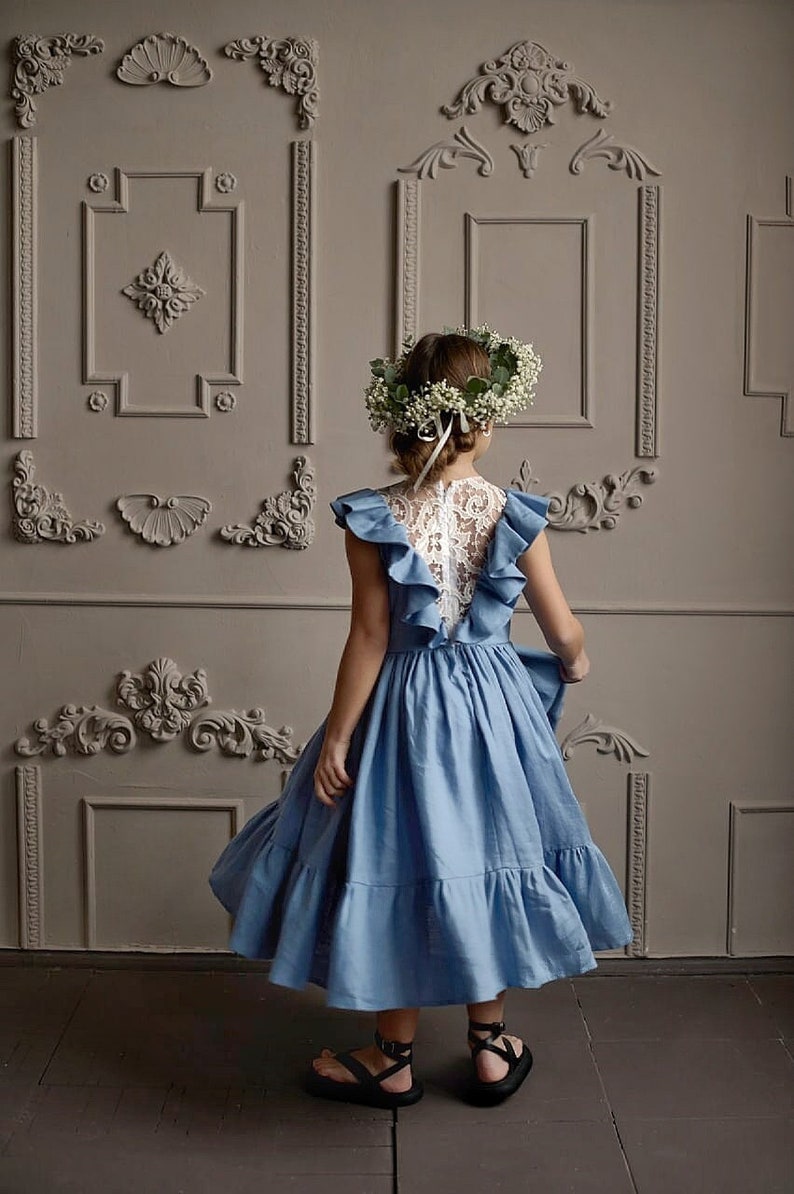 Dusty blue and white linen flower girl dress in boho Dusty blue