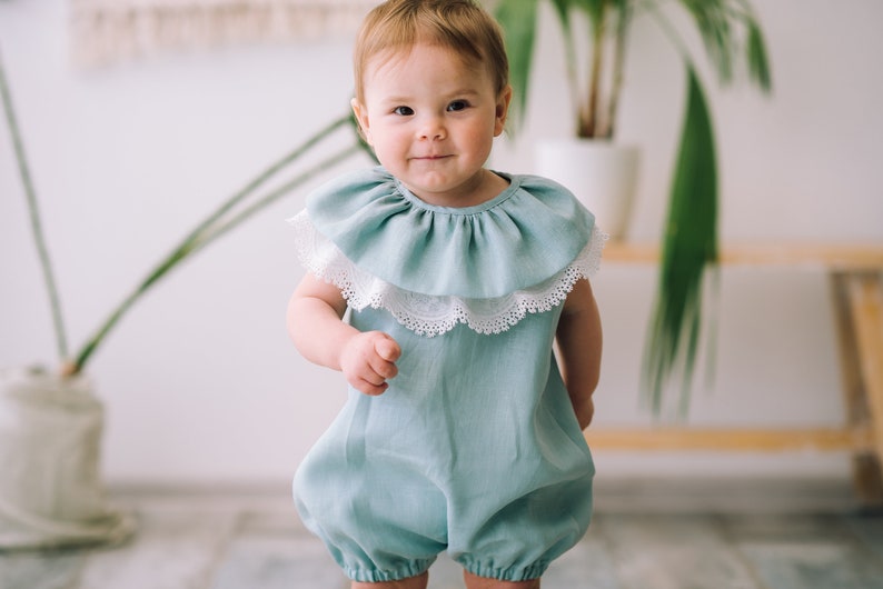 Baby girl linen romper, Baby shower gift ideas, Baby girl bubble romper, Boho baby romper, Birthday romper, Linen clothes, Photoshoot outfit image 7