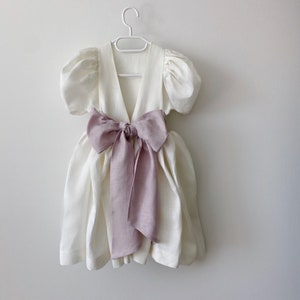 Linen boho flower girl dress with sash bow, Toddler baptism dress, First communion dress, Christening gown