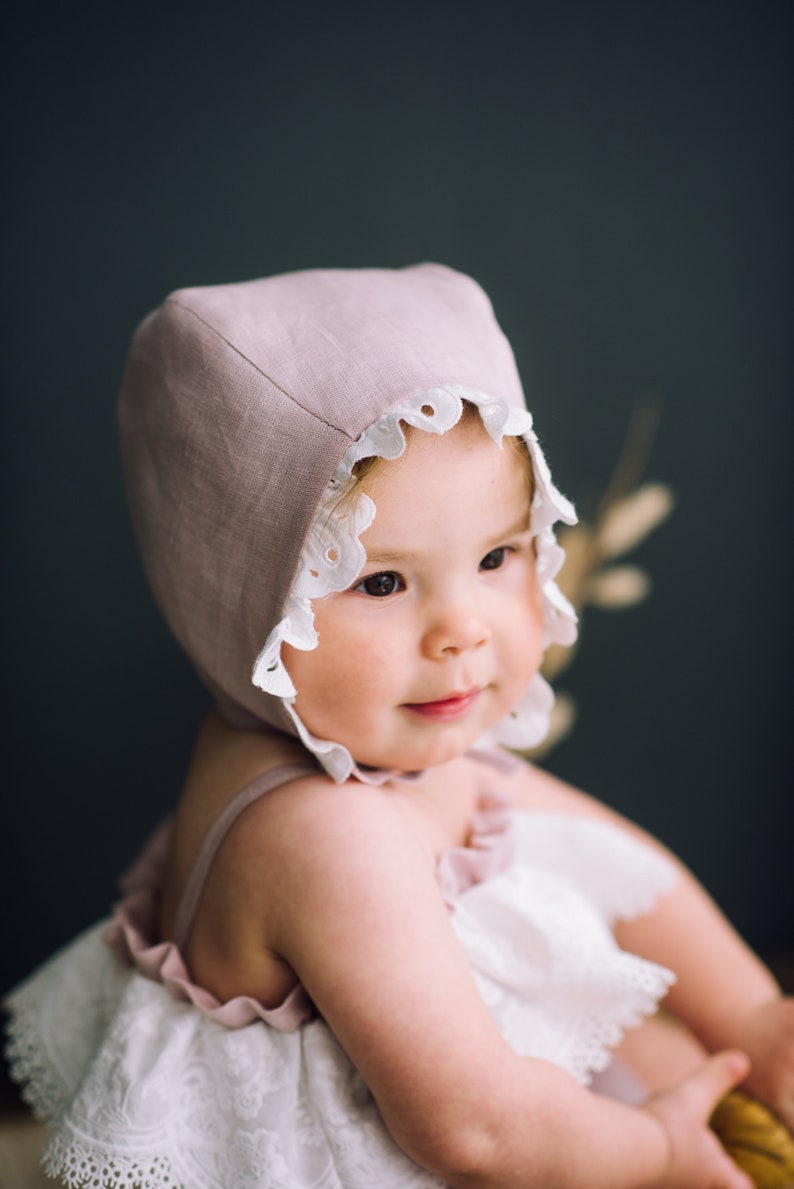 Linen baby bonnet with brim, ruffle brim bonnet, linen baby girl sun hat, sunbonnet babies, vintage baby bonnet, summer hat baby image 5