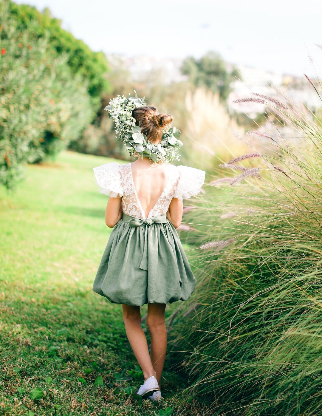 Sage Green Linen Flower Girl Dress With Bow, Boho Flower Girl Dress
