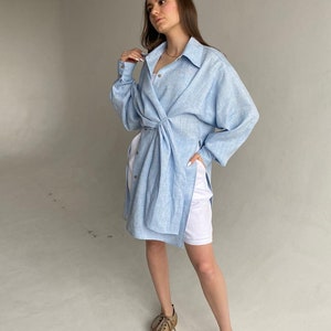 Women linen shirt with long sleeves, Women linen blouse, Linen wrap shirt, Linen shirt dress image 6
