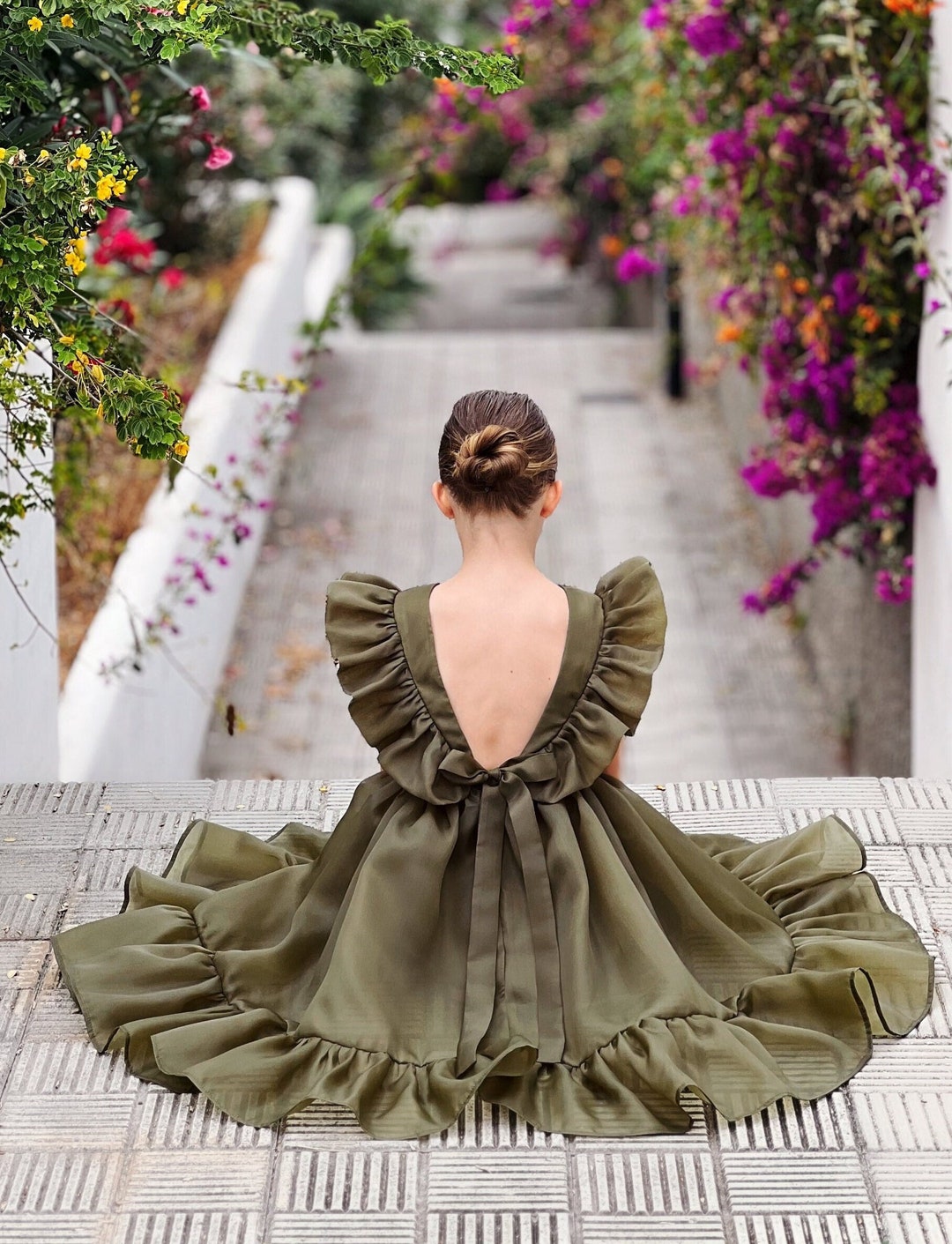 olive green flower girl dress Olive Green Organza Flower Girl Dress: Bohemian Tulle Bow Dress