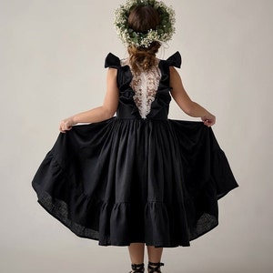 Dusty blue and white linen flower girl dress in boho Black