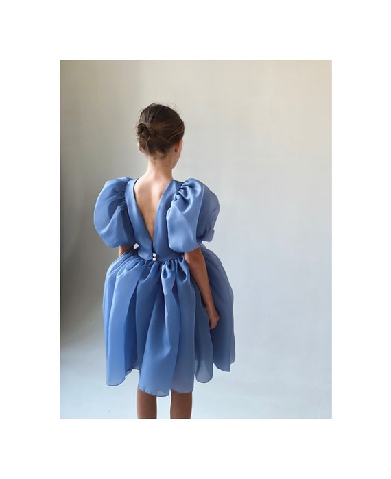 Dusty Blue Organza Flower Girl Dress: Puffy Sleeve Communion Dress - Etsy