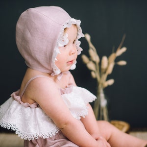 Linen baby bonnet with brim, ruffle brim bonnet, linen baby girl sun hat, sunbonnet babies, vintage baby bonnet, summer hat baby image 2
