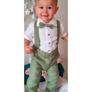 Pantalones de lino con tirantes para niños, Camisa de lino para niños, Conjunto de traje verde salvia para paje, Pantalones para paje, Camisa de lino para niño pequeño