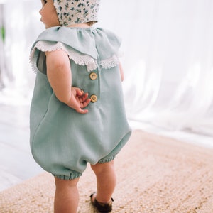 Baby girl linen romper, Baby shower gift ideas, Baby girl bubble romper, Boho baby romper, Birthday romper, Linen clothes, Photoshoot outfit image 6
