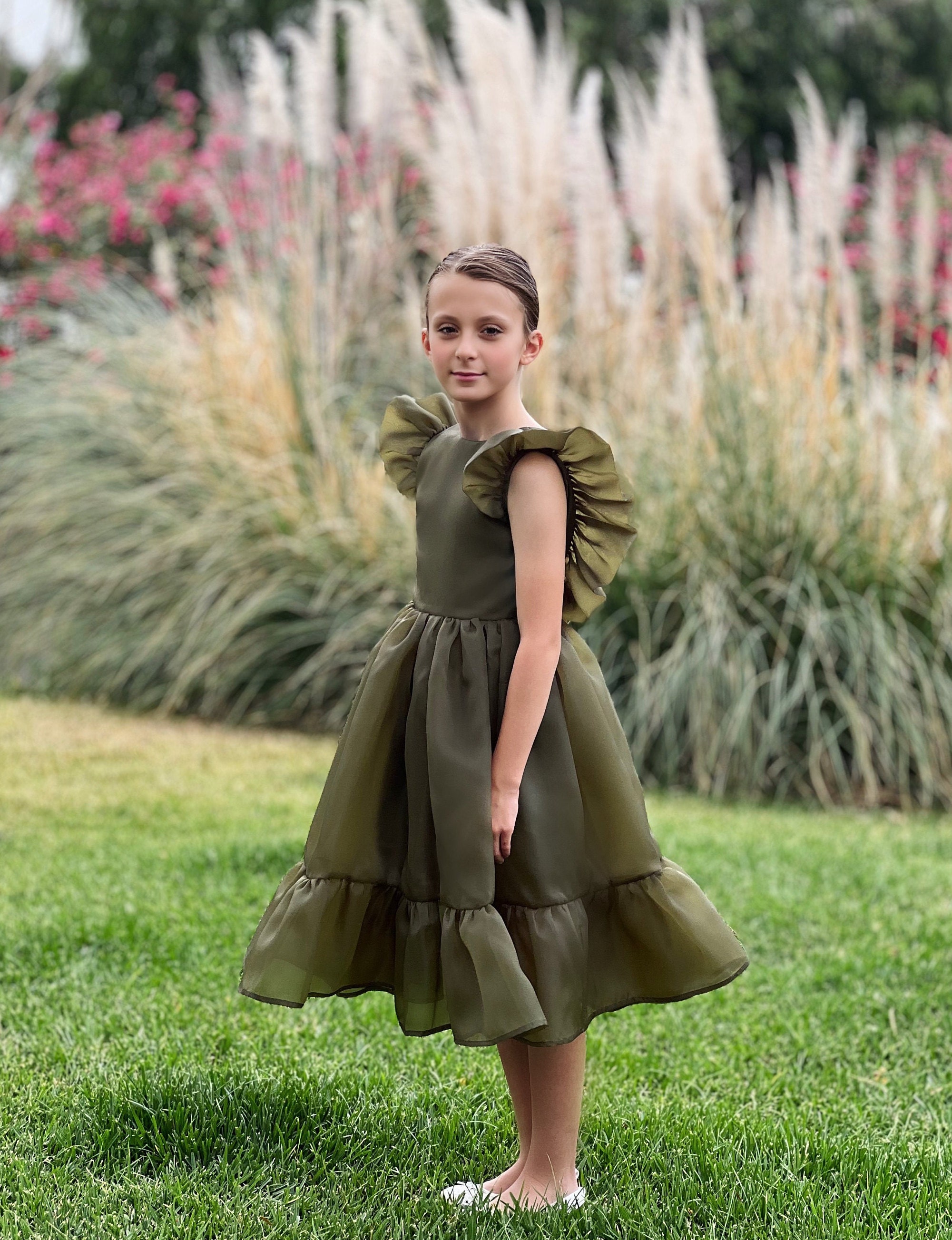 olive green kids dress Olive Green Party Dress with Cyan Bow