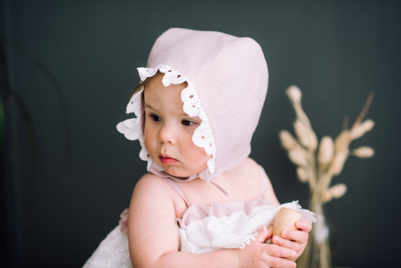 Linen baby bonnet with brim, ruffle brim bonnet, linen baby girl sun hat, sunbonnet babies, vintage baby bonnet, summer hat baby image 1