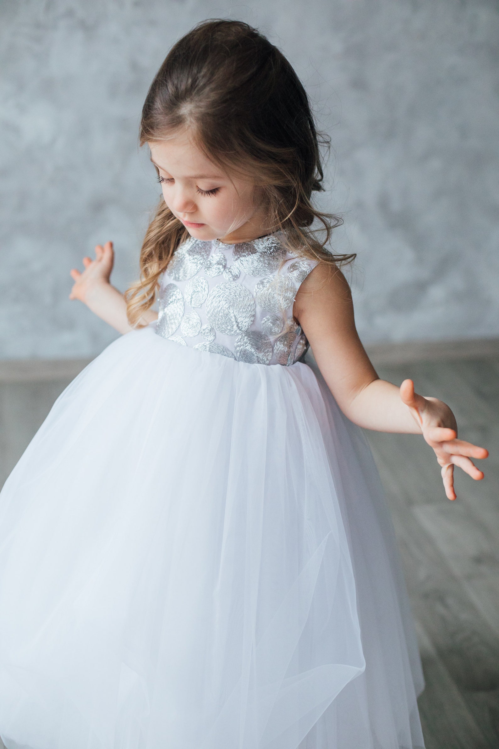 Baby easter dress Lace white Flower Girl Dress Silver gray Etsy