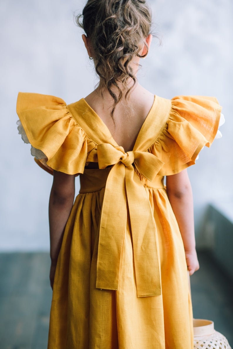 Mustard linen dress for girl with flutter sleeve, Girls linen pinafore dress, Toddler linen dress image 3