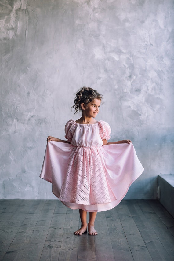 Girls linen flutter sleeve dress for junior bridesmaid in boho style Girls linen flutter sleeve dress for junior bridesmaid in boho style