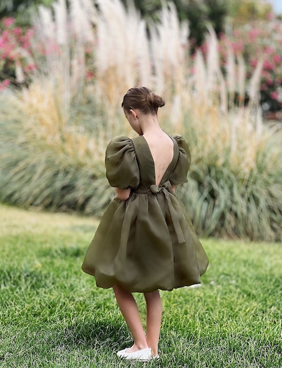 Olive Green Flower Girl Dress With Bow, Tulle Flower Girl Dress, Bohemian  Flower Girl Dress - Etsy