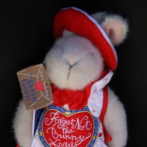 May include: A white plush bunny wearing a red dress with a heart-shaped patch that says "Forget Not the Bunny Knave". The bunny is also wearing a red hat with a white brim.