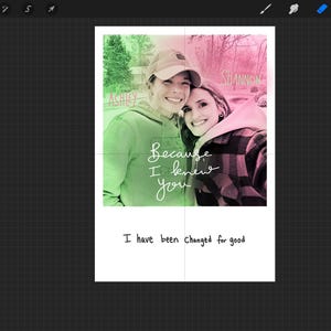 May include: A photo print with two women, Ashley and Shannon, smiling. The image has a green and pink gradient background. Text reads "Because I knew you" and "I have been changed for good."