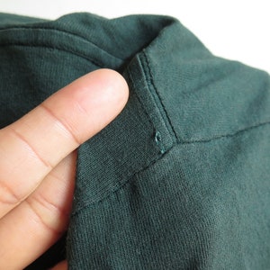 May include: Close-up of the dark green fabric of a shirt, showing the stitching detail at the neckline.