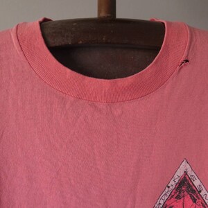 Pu&ograve; includere: T-shirt rosa vintage con scollo tondo. La maglietta presenta un design grafico a forma di diamante con testo e una scena di montagna. C'&egrave; un piccolo foro vicino al colletto.