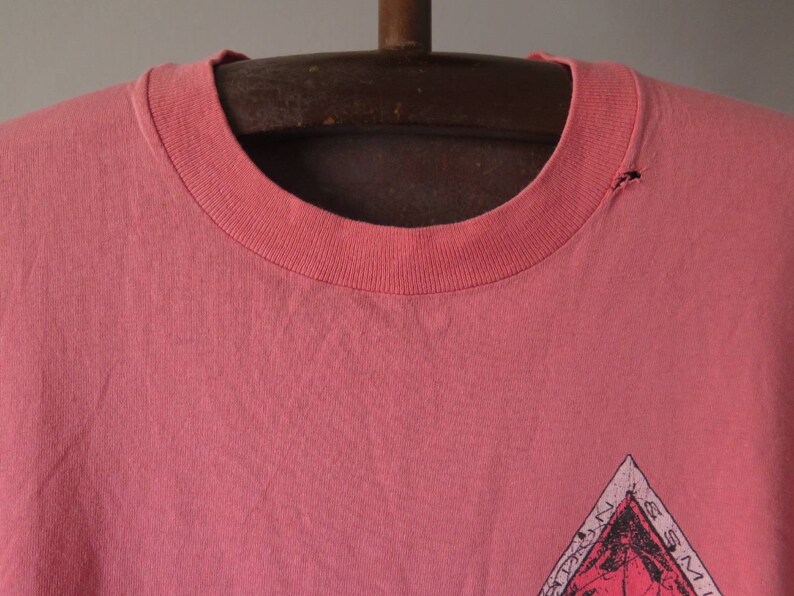 Pu&ograve; includere: T-shirt rosa vintage con scollo tondo. La maglietta presenta un design grafico a forma di diamante con testo e una scena di montagna. C'&egrave; un piccolo foro vicino al colletto.