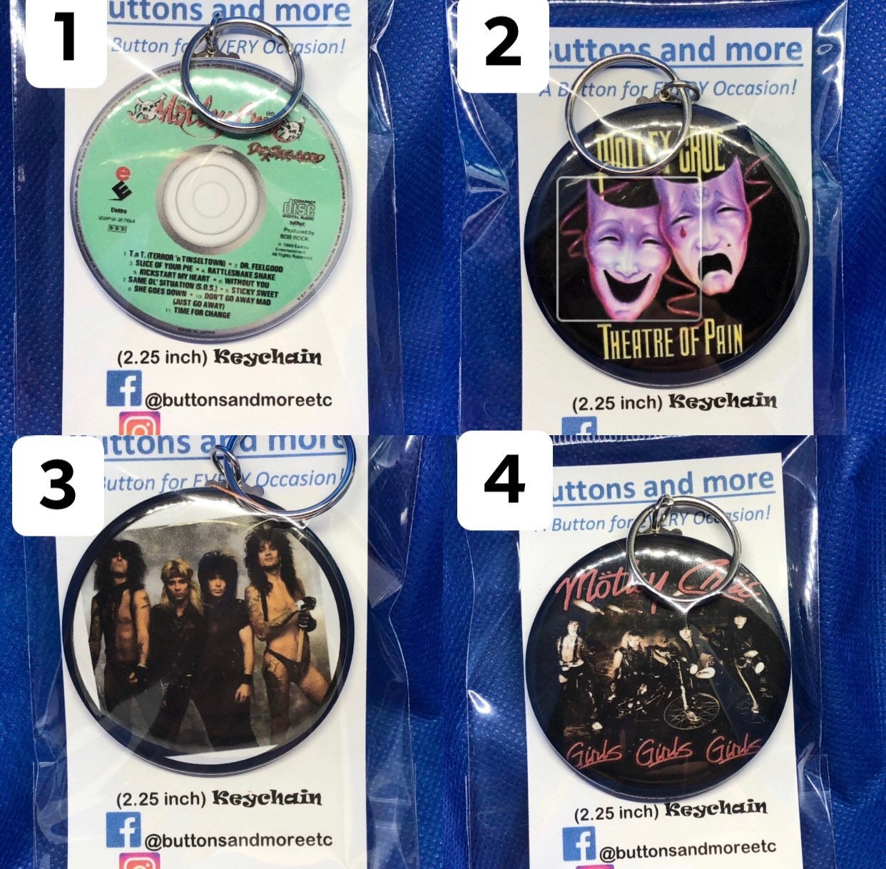 MOTLEY CRUE LIVE WIRE SET🎸2 SQUARE+3 ROUND KEYCHAINS LOT OF FIVE