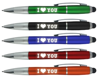 Valentinstag Geschenk - 5er Pack "I Love You" 3 in 1 Light Up Stifte + Metall Kugelschreiber + Stylus für Touchscreens, I Love You Quote Lights up