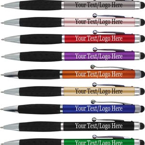 May include: A collection of eleven retractable ballpoint pens in various colors including teal, silver, rose gold, red, purple, orange, gold, blue, black, green, and light gray. Each pen features a black grip, silver clip, and stylus tip.