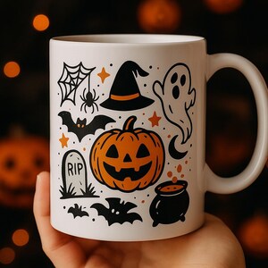 Halloween Mug – Cute Spooky Pumpkin Ghost Witch Hat Bat Design – Fun Fall Coffee Cup – Trick or Treat Gift – Cozy Halloween Decor White Mug