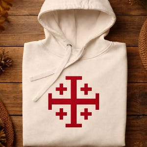 Kreuzritter Kreuz Hoodie, Jerusalem Kreuz großer bestickter Hoodie, christliche Geschenke für Männer, Tempelritter, Unisex Hoodie