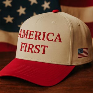 May include: A beige baseball cap with a red brim and the words "AMERICA FIRST" embroidered in red. An American flag is on the side. The background features an American flag.