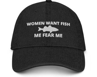 Women Want Fish, Me Fear Me, Embroidered Denim Hat Cap