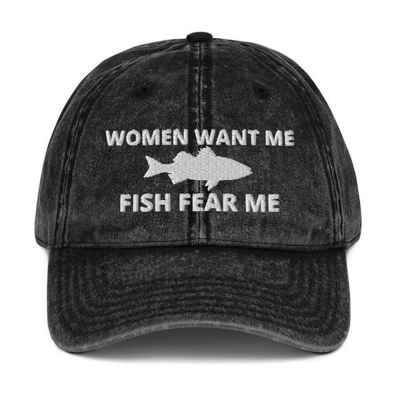 Women Want Me Fish Fear Me Embroidered Vintage Style Cotton Twill