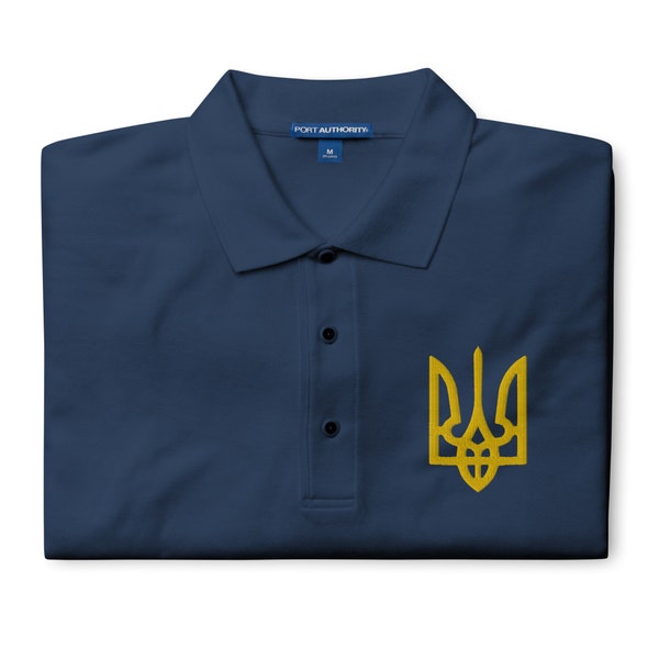 Ukraine Men's Premium Polo Shirt Ukrainian Coat of Arms Embroidered - Support Ukraine, Stand With Ukraine, Free Ukraine Polo Navy & Stone