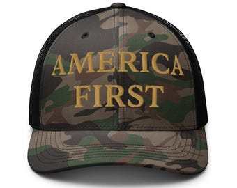 Gorra bordada America First Old Gold, gorra de apoyo 45-47, gorra de apoyo conservadora republicana, gorra de camionero de camuflaje