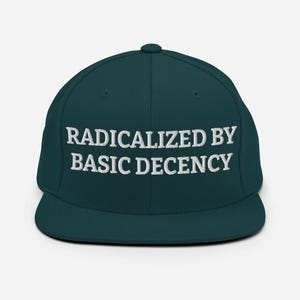 Radicalized by Basic Decency Hat, Social Justice Activism Hat, Gift for Socialist, Progressive Quote Activist Embroidered Snapback Hat