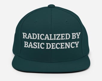 Radicalized by Basic Decency Hat, Social Justice Activism Hat, Gift for Socialist, Progressive Quote Activist Embroidered Snapback Hat