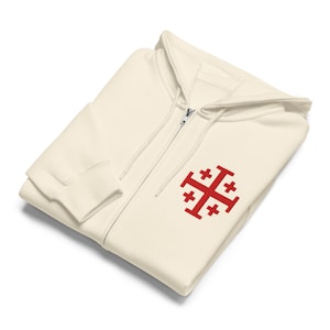 Crusader Cross-hoodie met rits, geborduurde hoodie Jeruzalem kruis, christelijke cadeaus voor mannen, Tempeliers, premium hoodie met volledige rits